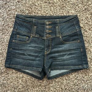 Wax Jeans Dark Wash Whisker High Waist 5 Pocket 4 Button Denim Shorts
